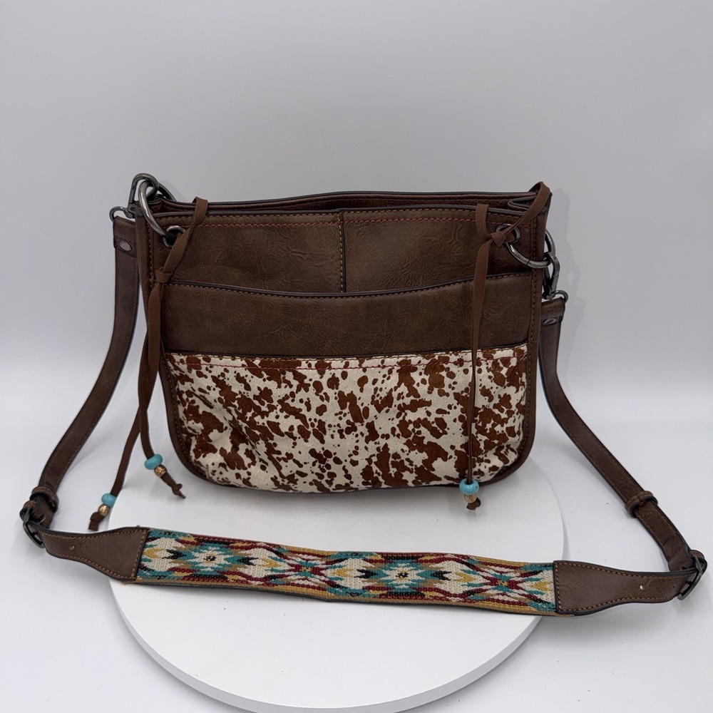 Justin Boots Company Leather Purse Fur Cowhide Brown Western Cowgirl Boho Chic